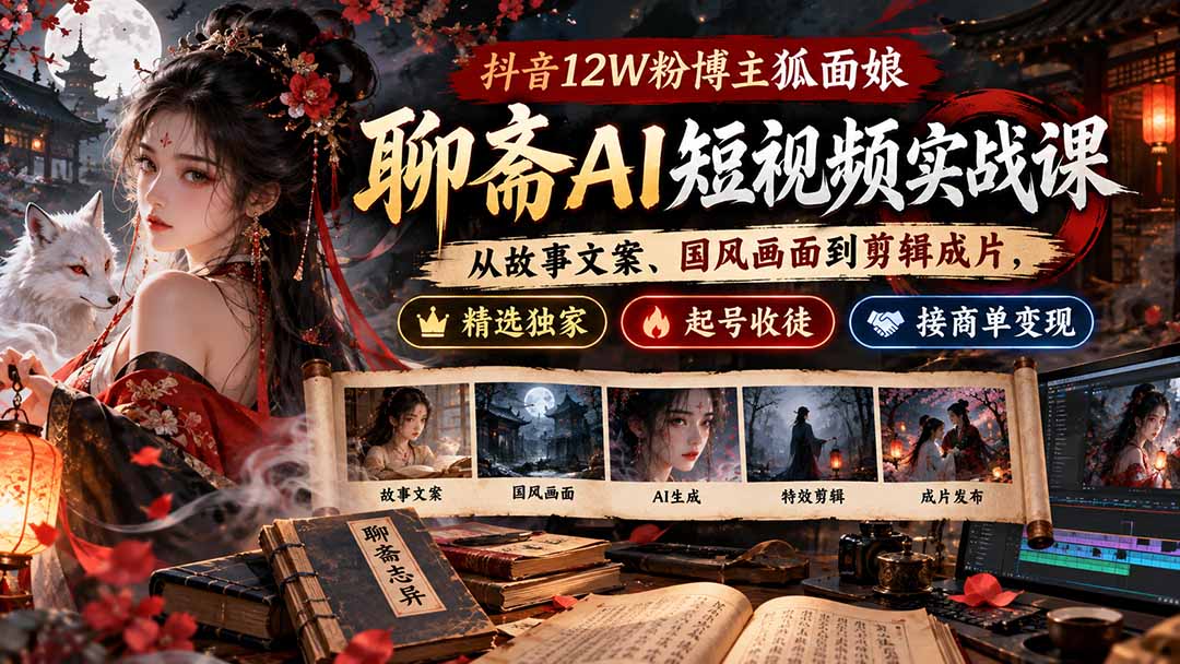 抖音12W粉博主狐面娘-聊斋AI短视频实战课：从故事文案、国风画面到剪辑成片，精选独家+起号收徒+接商单变现-shxbox省心宝盒