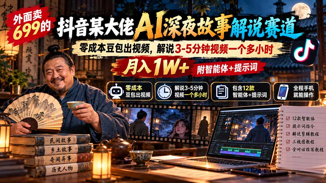 外面卖699的抖音某大佬AI深夜故事解说赛道：零成本豆包出视频，解说3-5分钟视频一个多小时，月入1W+附智能体+提示词-shxbox省心宝盒