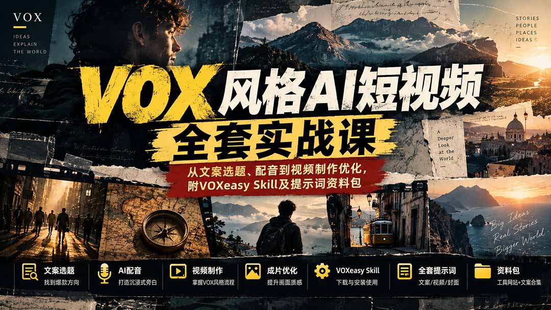 【无水印】VOX风格AI短视频全套实战课：从文案选题、配音到视频制作优化，附VOXeasy Skill及提示词资料包-shxbox省心宝盒