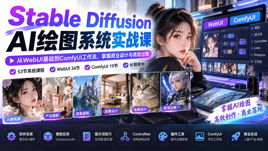 【无水印】Stable Diffusion AI绘图系统实战课：从WebUI基础到ComfyUI工作流，掌握商业设计与高效出图-shxbox省心宝盒