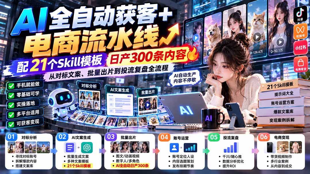 【无水印】AI全自动获客+电商流水线：配21个Skill模板，日产300条内容，从对标文案、批量出片到投流复盘全流程-shxbox省心宝盒