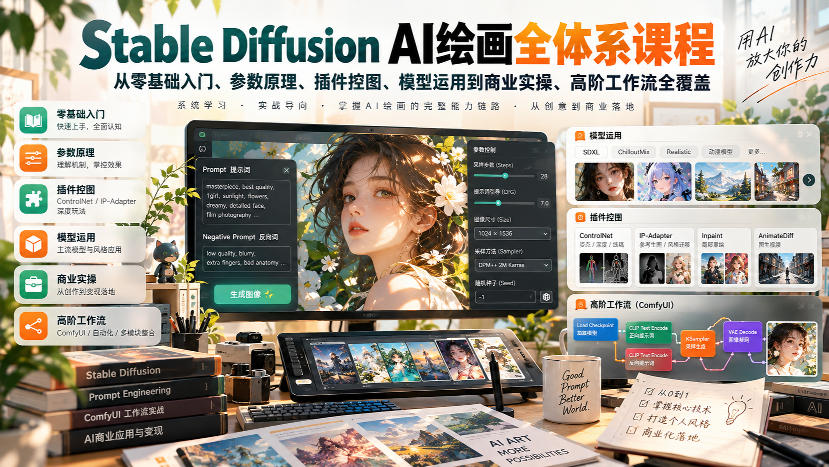 【无水印】Stable Diffusion AI绘画全体系课程，从零基础入门、参数原理、插件控图、模型运用到商业实操、高阶工作流全覆盖-shxbox省心宝盒