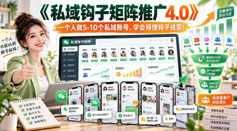 【无水印】《私域钩子矩阵推广4.0》一个人做5-10个私域账号，学会预埋钩子线索！-shxbox省心宝盒