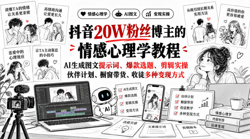 抖音20W粉丝博主静候心声的情感心理学教程,AI生成图文提示词、爆款选题、剪辑实操,伙伴计划、橱窗带货、收徒多种变现方式