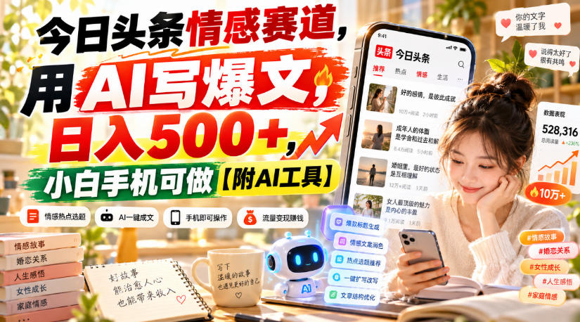 今日头条情感赛道,用AI写爆文,日入500+,小白手机可做【附AI工具】