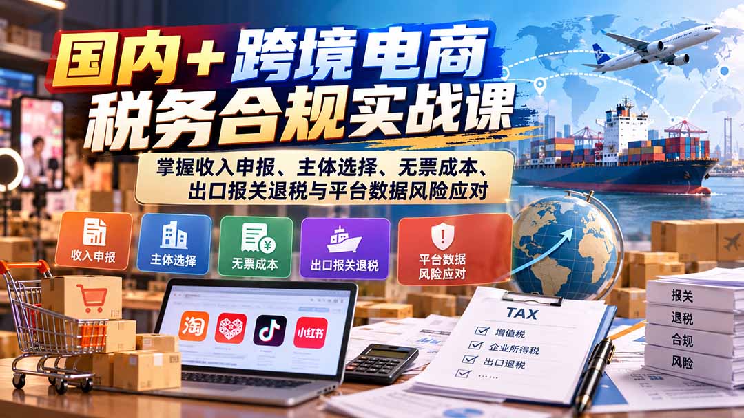 国内+跨境电商税务合规实战课：掌握收入申报、主体选择、无票成本、出口报关退税与平台数据风险应对-shxbox省心宝盒