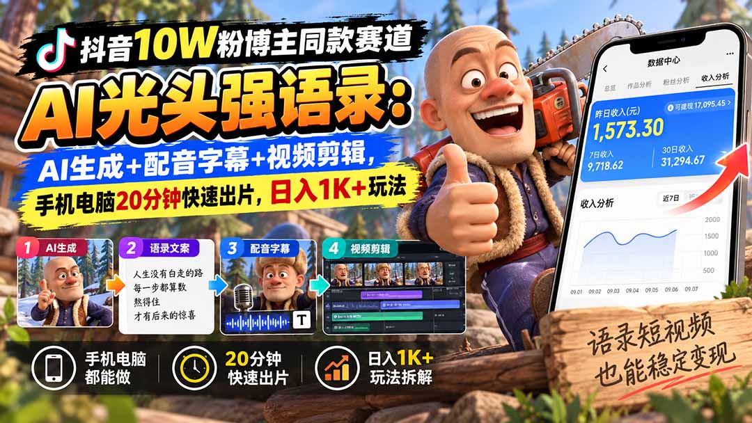 【无水印】抖音10W粉博主同款赛道AI光头强语录：AI生成+配音字幕+视频剪辑，手机电脑20分钟快速出片，日入1K+玩法-shxbox省心宝盒