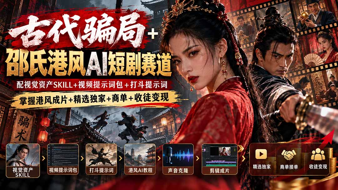 古代骗局+邵氏港风AI短剧赛道：配视觉资产SKILL+视频提示词包+打斗提示词，掌握港风成片+精选独家+商单+收徒变现-shxbox省心宝盒