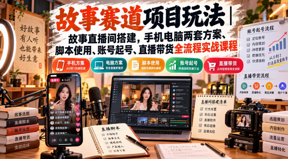 故事赛道项目玩法｜故事直播间搭建，手机电脑两套方案、脚本使用、账号起号、直播带货全流程实战课程-shxbox省心宝盒