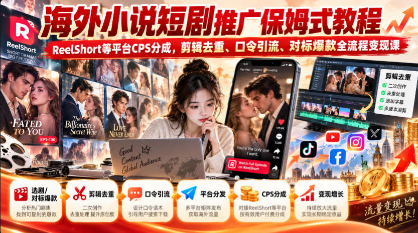 海外小说短剧推广保姆式教程|ReelShort等平台CPS分成,剪辑去重、口令引流、对标爆款全流程变现课