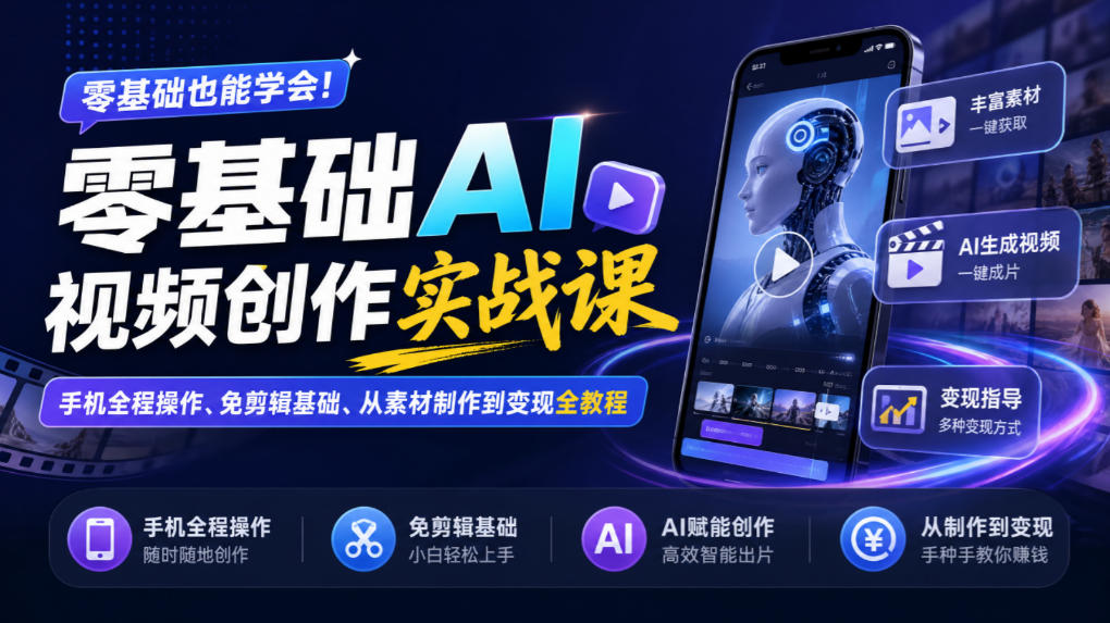 零基础AI视频创作实战课|手机全程操作、免剪辑基础、从素材制作到变现全教程