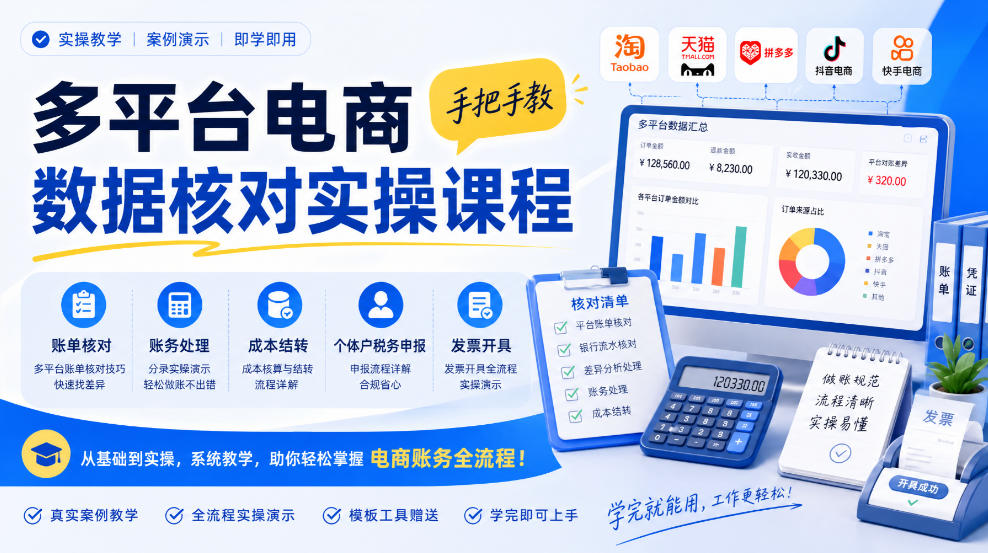多平台电商数据核对实操课程,手把手教账单核对、账务处理、成本结转、个体户税务申报与发票开具