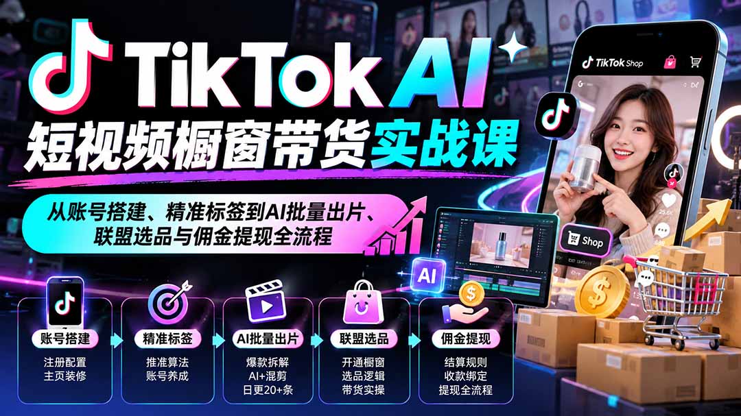 TikTok AI短视频橱窗带货实战课：从账号搭建、精准标签到AI批量出片、联盟选品与佣金提现全流程-shxbox省心宝盒