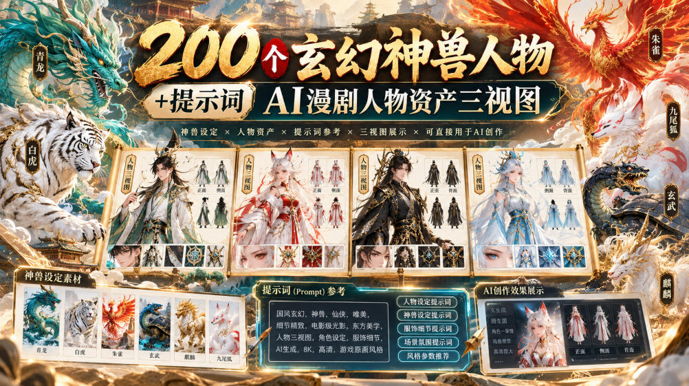 200个玄幻神兽人物+提示词ai漫剧人物资产三视图-shxbox省心宝盒
