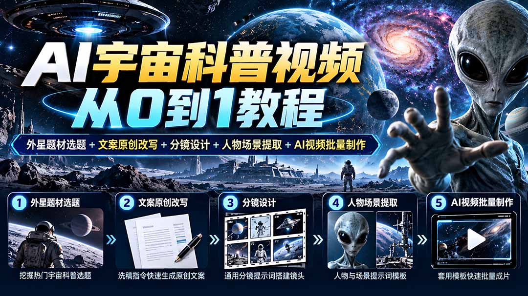 AI宇宙科普视频从0到1教程｜外星题材选题+文案原创改写+分镜设计+人物场景提取+AI视频批量制作-shxbox省心宝盒