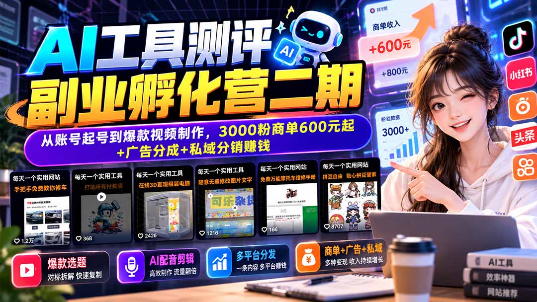 AI工具测评副业孵化营二期：从账号起号到爆款视频制作，3000粉商单600元起+广告分成+私域分销赚钱-shxbox省心宝盒