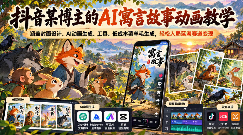 抖音某博主的AI寓言故事动画教学，涵盖封面设计、AI动画生成、工具、低成本薅羊毛生成，轻松入局蓝海赛道变现-shxbox省心宝盒