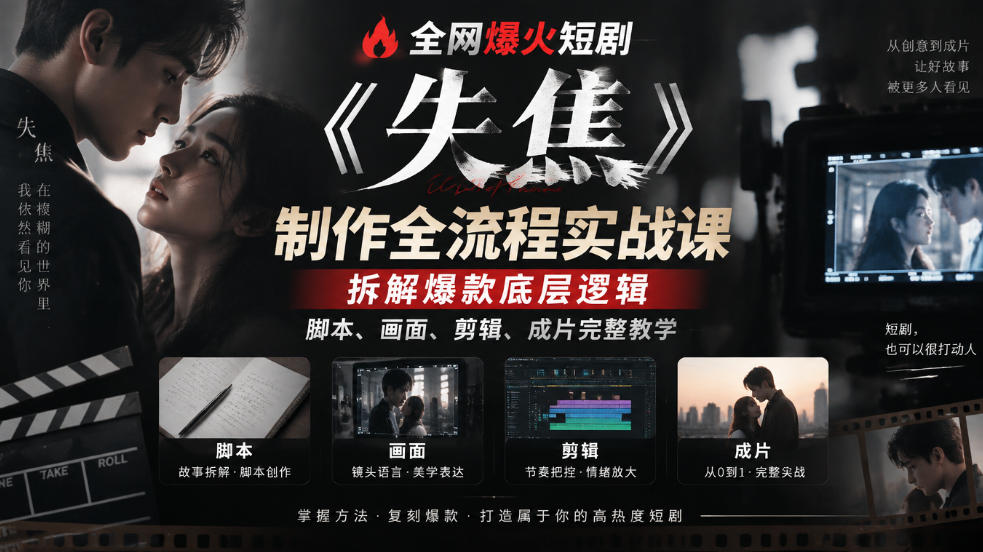 全网爆火短剧《失焦》制作全流程实战课｜拆解爆款底层逻辑，脚本、画面、剪辑、成片完整教学-shxbox省心宝盒