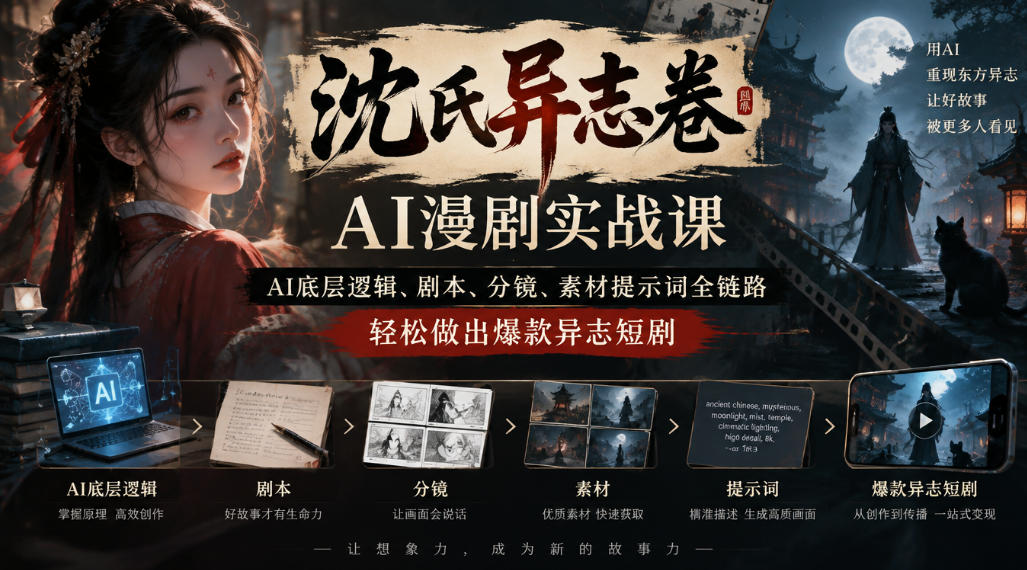 沈氏异志卷AI漫剧实战课｜AI底层逻辑、剧本、分镜、素材提示词全链路，轻松做出爆款异志短剧-shxbox省心宝盒