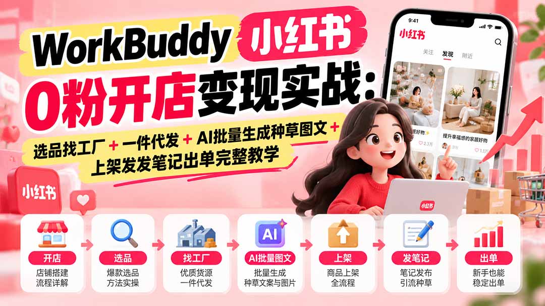 WorkBuddy小红书0粉开店变现实战：选品找工厂+一件代发+AI批量生成种草图文+上架发发笔记出单完整教学-shxbox省心宝盒
