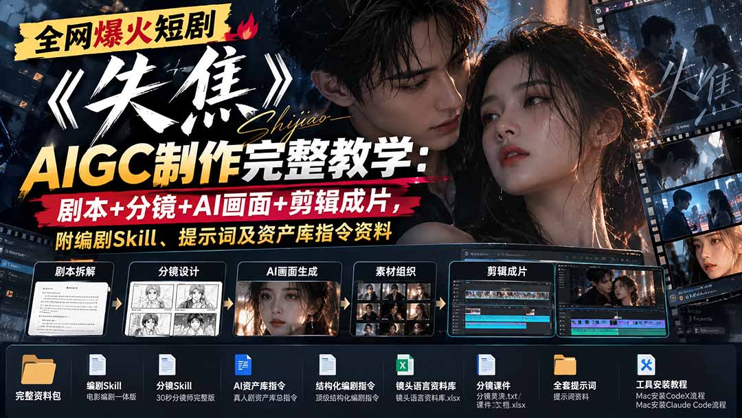 全网爆火短剧《失焦》AIGC制作完整教学：剧本+分镜+AI画面+剪辑成片，附编剧Skill、提示词及资产库指令资料-shxbox省心宝盒
