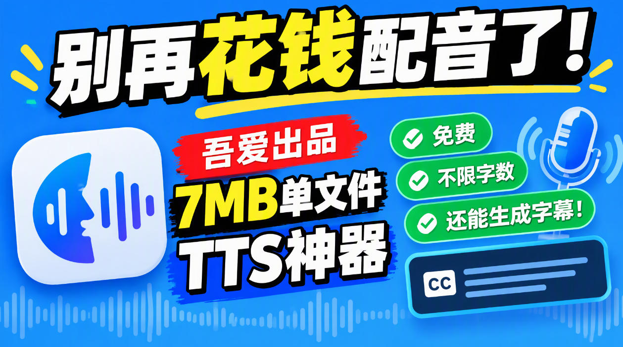 别再花钱配音了！吾爱出品7MB单文件TTS神器，免费不限字数还能生成字幕！-shxbox省心宝盒