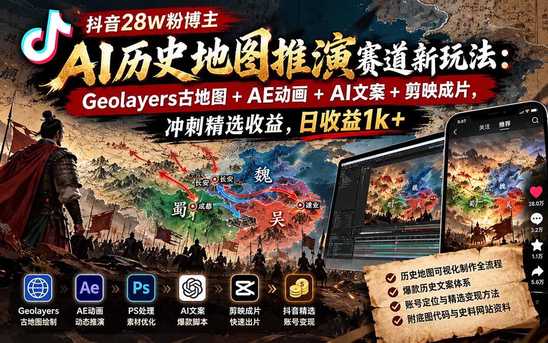 抖音28W粉博主AI历史地图推演赛道新玩法：Geolayers古地图+AE动画+AI文案+剪映成片，冲刺精选收益，日收益1k+-shxbox省心宝盒