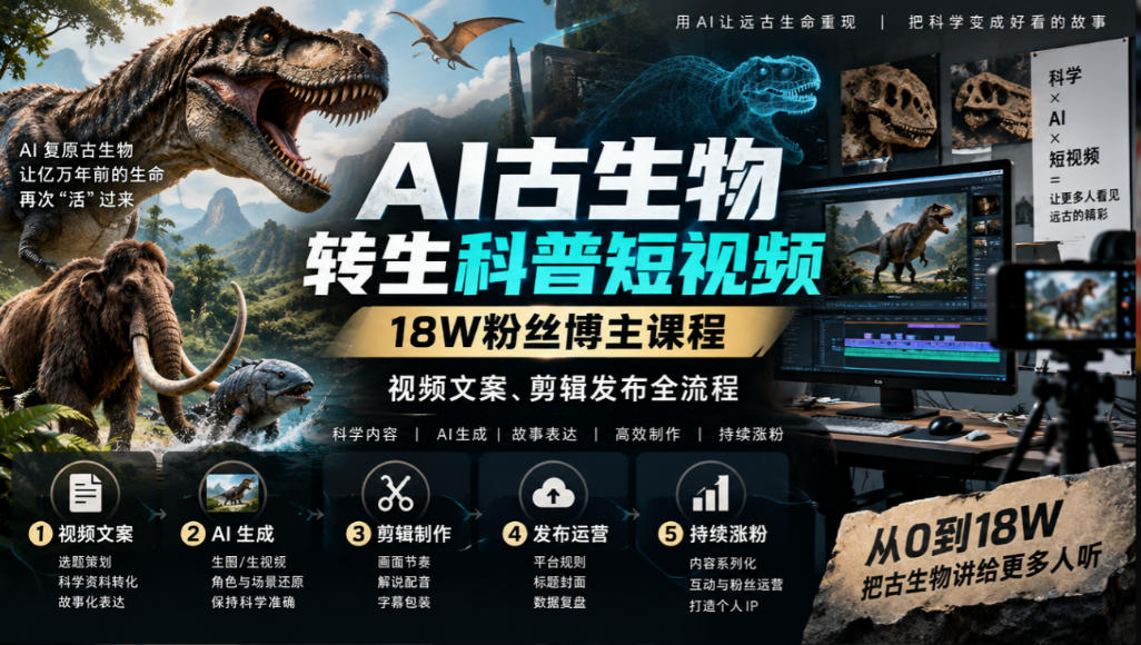 AI古生物转生科普短视频，18W粉丝博主课程，视频文案、剪辑发布全流程-shxbox省心宝盒