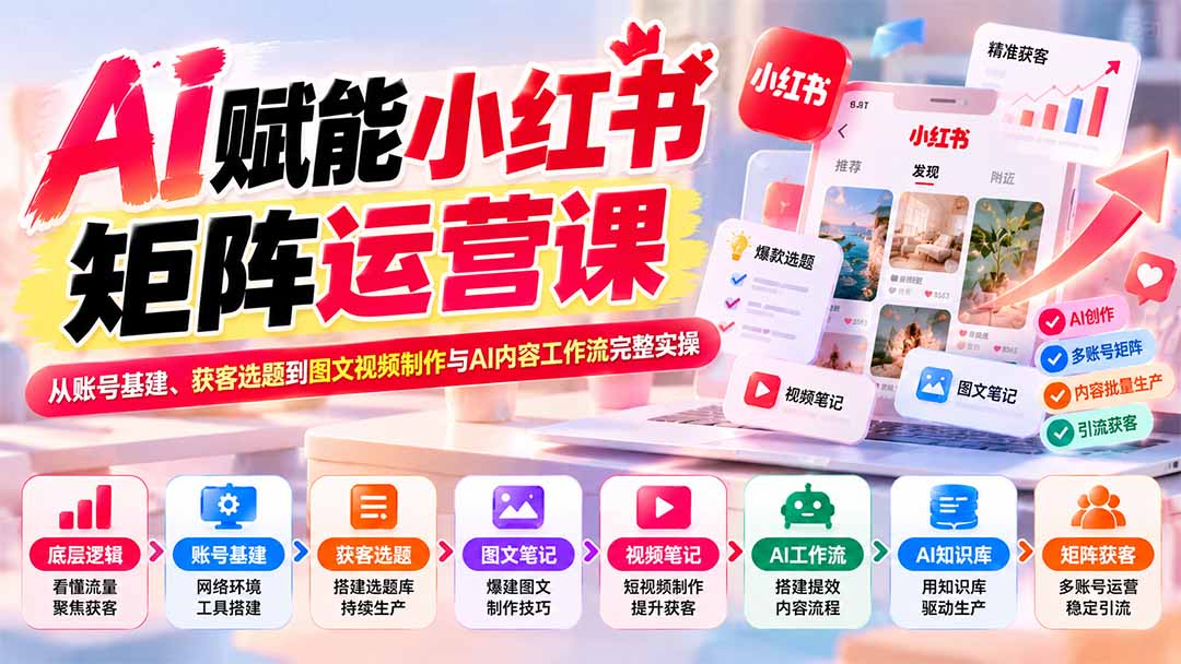 AI赋能小红书矩阵运营课：从账号基建、获客选题到图文视频制作与AI内容工作流完整实操-shxbox省心宝盒