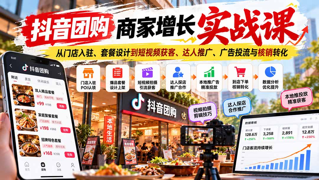 抖音团购商家增长实战课：从门店入驻、套餐设计到短视频获客、达人推广、广告投流与核销转化-shxbox省心宝盒