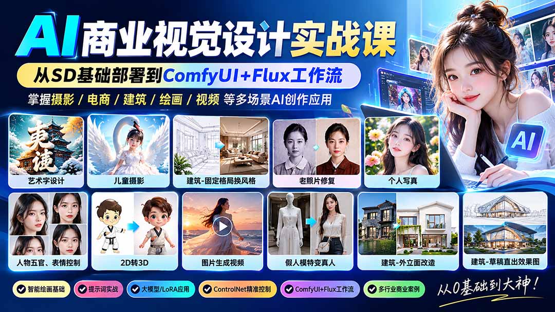 【无水印】AI商业视觉设计实战课：从SD基础部署到ComfyUI+Flux工作流，掌握摄影电商建筑AI创作-shxbox省心宝盒