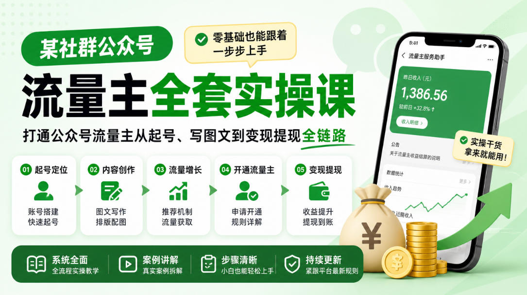 某社群公众号流量主全套实操课，零基础也能跟着一步步上手，打通公众号流量主从起号、写图文到变现提现全链路-shxbox省心宝盒