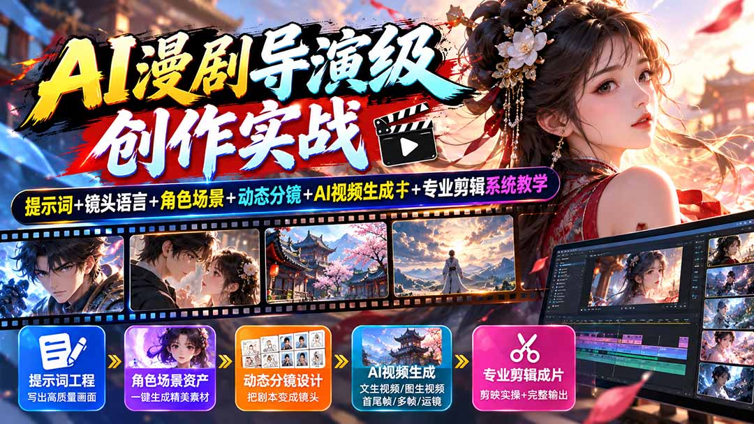 AI漫剧导演级创作实战：提示词+镜头语言+角色场景+动态分镜+AI视频生成+专业剪辑系统教学-shxbox省心宝盒