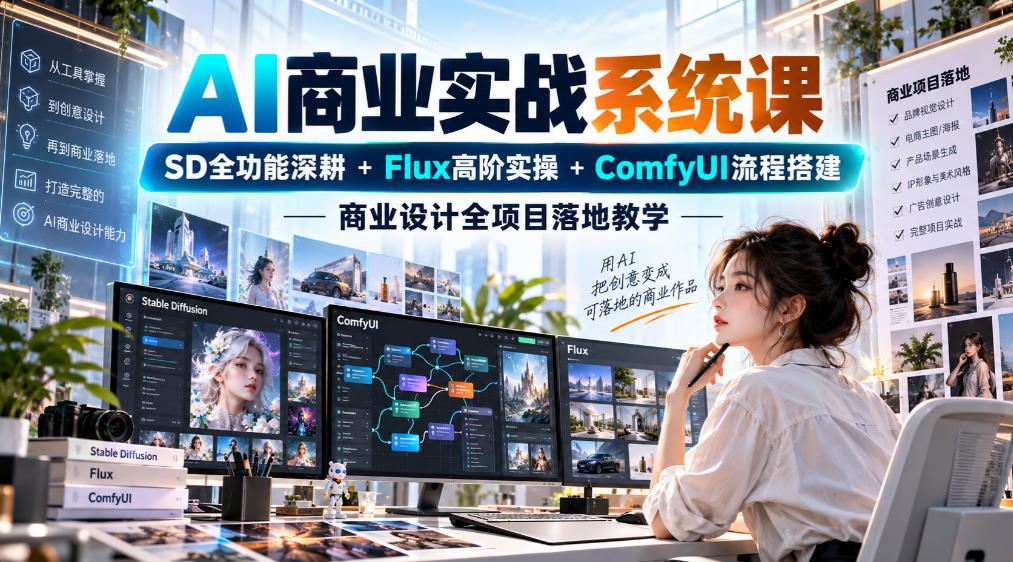 AI商业实战系统课｜SD全功能深耕+Flux高阶实操+Comfyui流程搭建，商业设计全项目落地教学-shxbox省心宝盒
