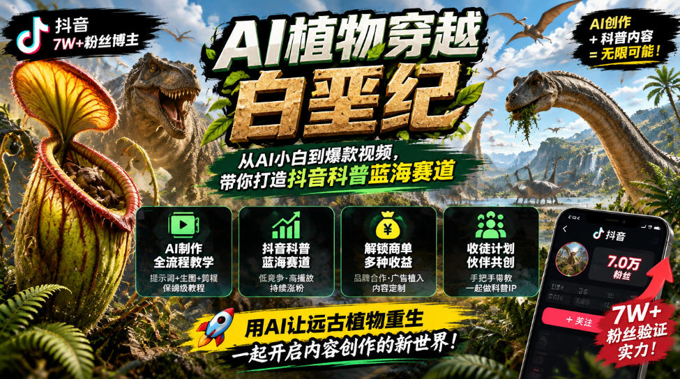 抖音7W粉丝博主的AI植物穿越白垩纪教学，抖音科普蓝海赛道，解锁商单收徒伙伴计划等多种收益-shxbox省心宝盒