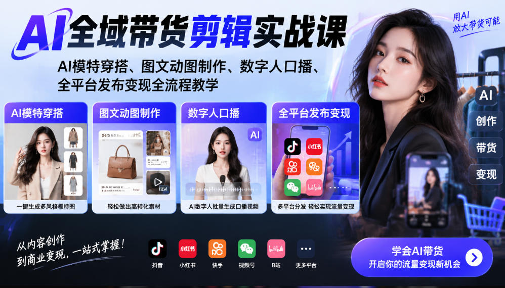 AI全域带货剪辑实战课｜AI模特穿搭、图文动图制作、数字人口播、全平台发布变现全流程教学-shxbox省心宝盒