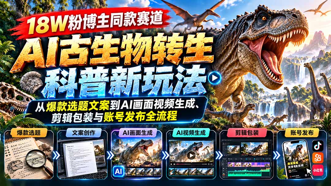 18W粉博主同款赛道-AI古生物转生科普新玩法：从爆款选题文案到AI画面视频生成、剪辑包装与账号发布全流程-shxbox省心宝盒