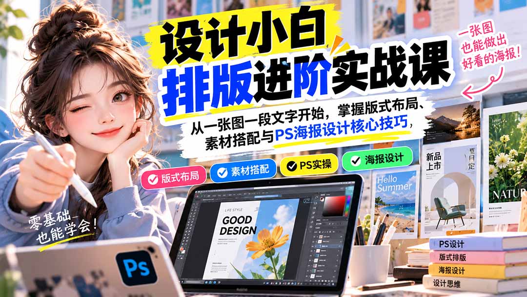 设计小白排版进阶实战课：从一张图一段文字开始，掌握版式布局、素材搭配与PS海报设计核心技巧-shxbox省心宝盒