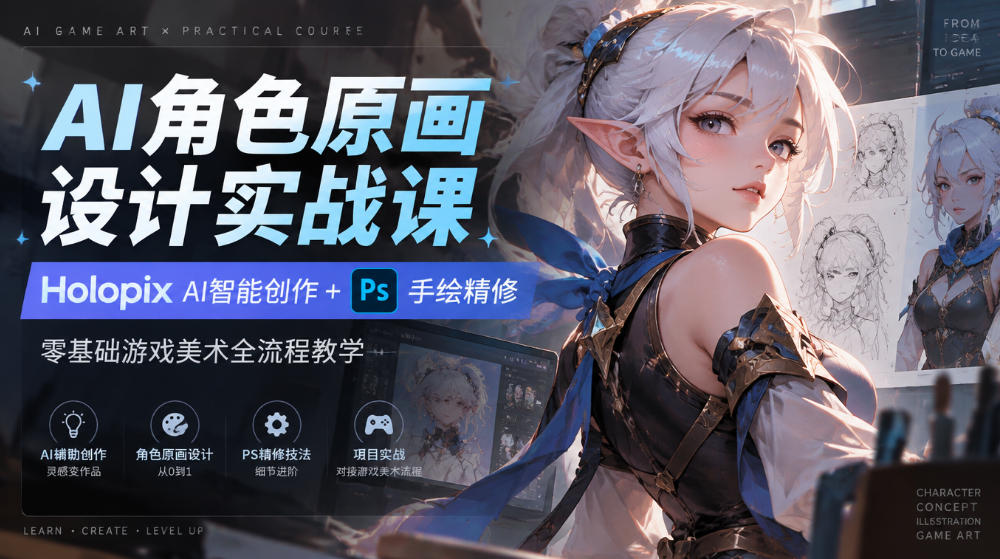 AI角色原画设计实战课｜Holopix AI智能创作+PS手绘精修，零基础游戏美术全流程教学-shxbox省心宝盒