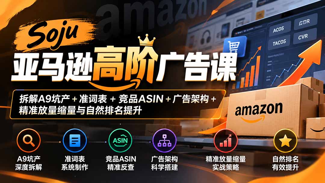 Soju亚马逊高阶广告课：拆解A9坑产+准词表+竞品ASIN+广告架构+精准放量缩量与自然排名提升-shxbox省心宝盒