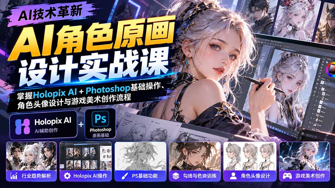 AI角色原画设计实战课：掌握Holopix AI+Photoshop基础操作、角色头像设计与游戏美术创作流程-shxbox省心宝盒