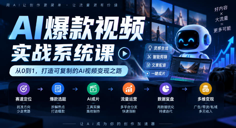 AI爆款视频实战系统课｜赛道定位、爆款选题、AI成片、流量运营、数据复盘、多维变现全链路教学-shxbox省心宝盒