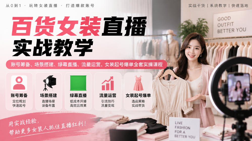 百货女装直播实战教学｜账号筹备、场景搭建、绿幕直播、流量运营、女装起号爆单全套实操课程-shxbox省心宝盒