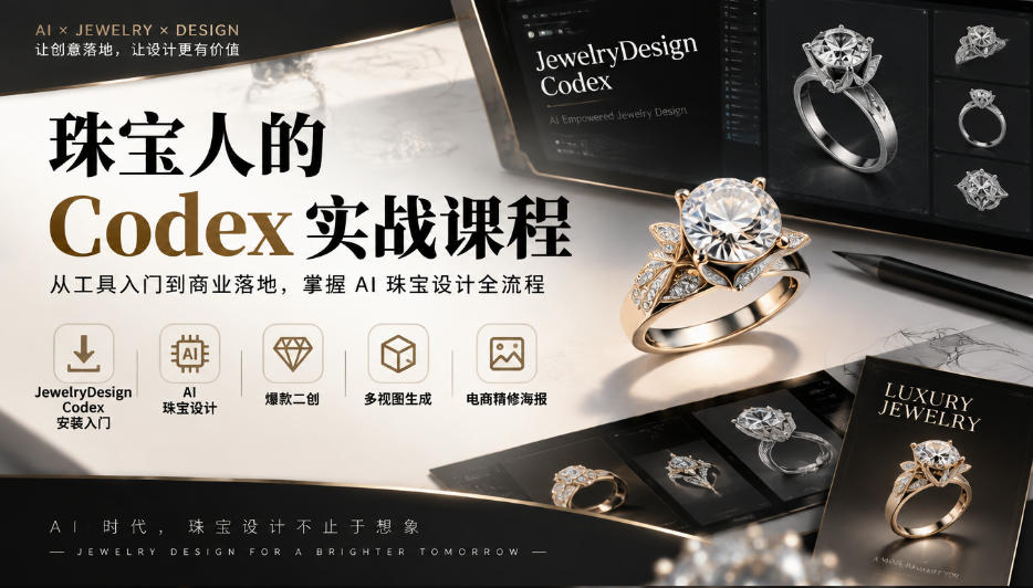 珠宝人的Codex实战课程｜JewelryDesign Codex安装入门、AI珠宝设计、爆款二创、多视图生成、电商精修海报全链路教学-shxbox省心宝盒