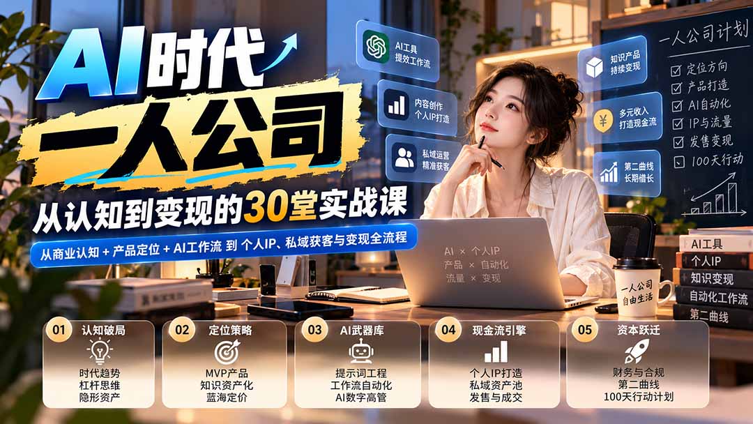 【无水印】AI时代一人公司30堂实战课：从商业认知+产品定位+AI工作流到个人IP、私域获客与变现全流程-shxbox省心宝盒