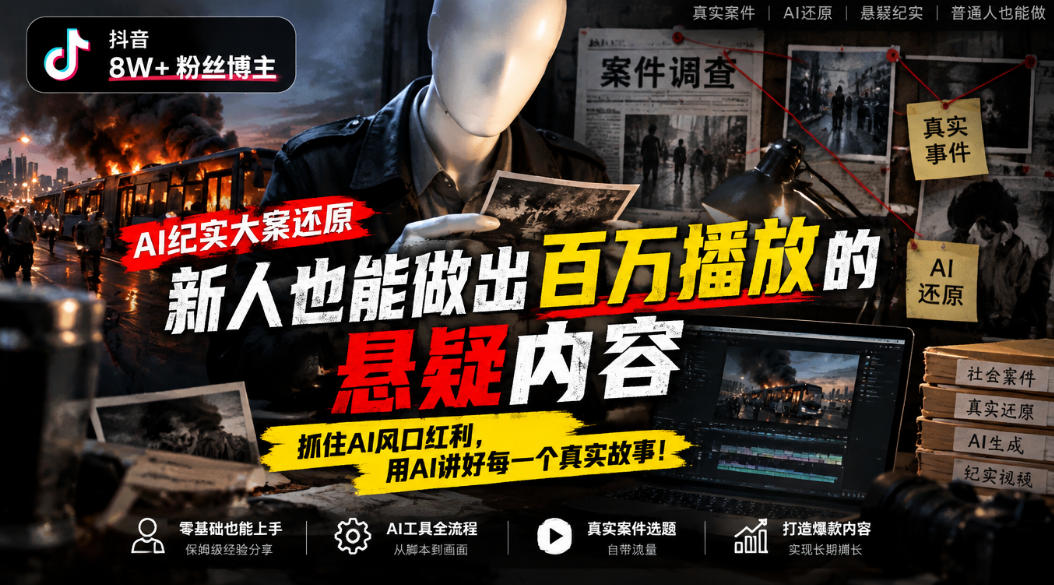 抖音8W粉丝博主的AI纪实大案还原教学，新人也能做出百W播放的悬疑内容，抓住AI风口红利，用AI讲好每一个真实故事-shxbox省心宝盒