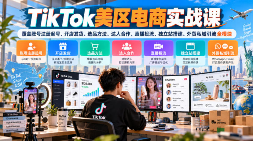 TikTok美区电商实战课，覆盖账号注册起号、开店发货、选品方法、达人合作、直播投流、独立站搭建、外贸私域引流全模块-shxbox省心宝盒