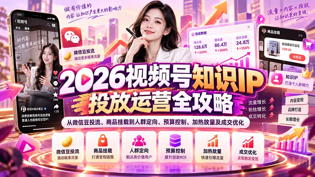 2026视频号知识IP投放运营全攻略：从微信豆投流、商品挂载到人群定向、预算控制、加热放量及成交优化-shxbox省心宝盒