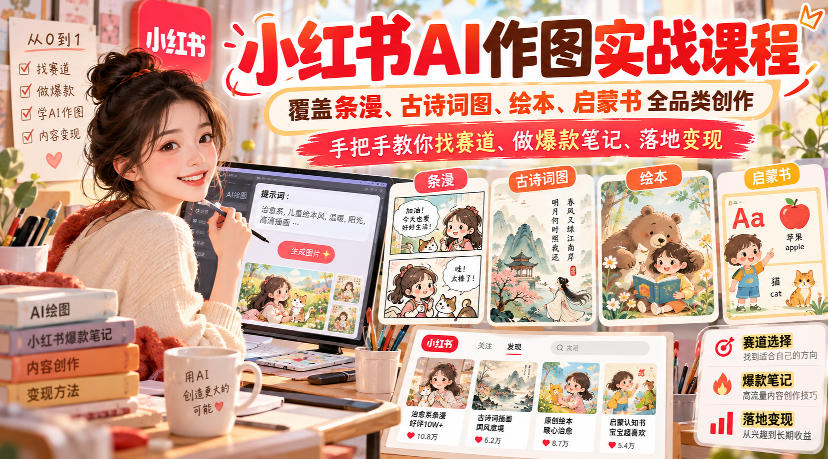 小红书AI作图实战课程，覆盖条漫、古诗词图、绘本、启蒙书全品类创作，手把手教你找赛道、做爆款笔记、落地变现(更新1009)-shxbox省心宝盒