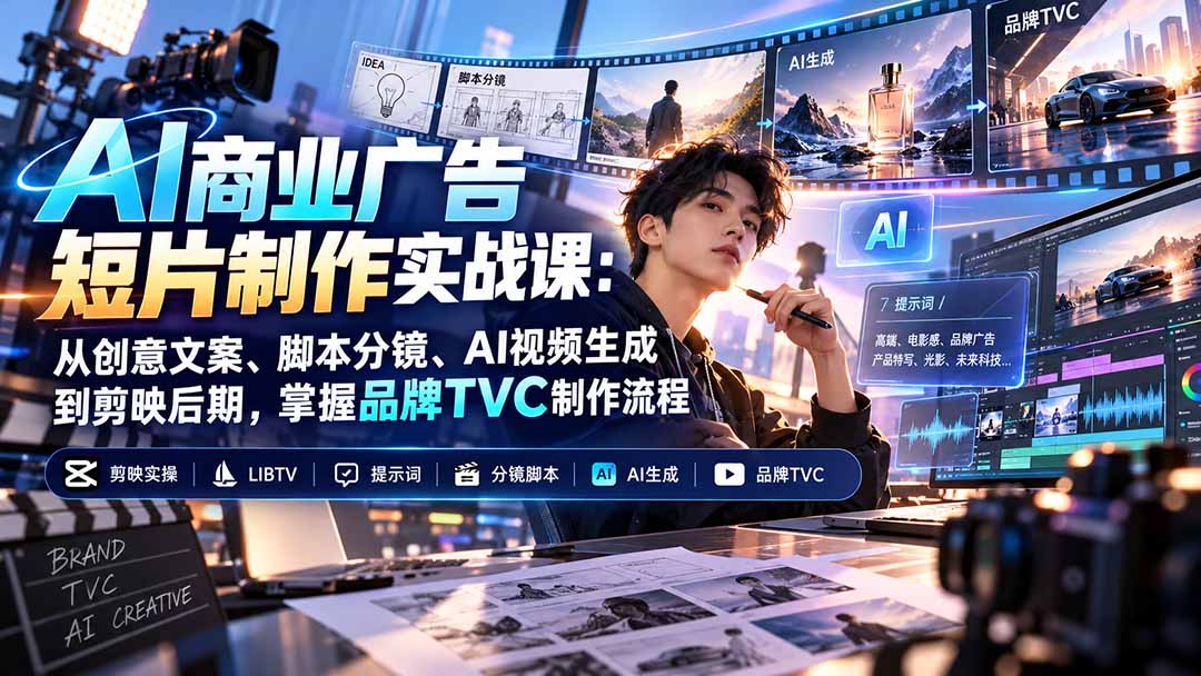 AI商业广告短片制作实战课：从创意文案、脚本分镜、AI视频生成到剪映后期，掌握品牌TVC制作流程-shxbox省心宝盒